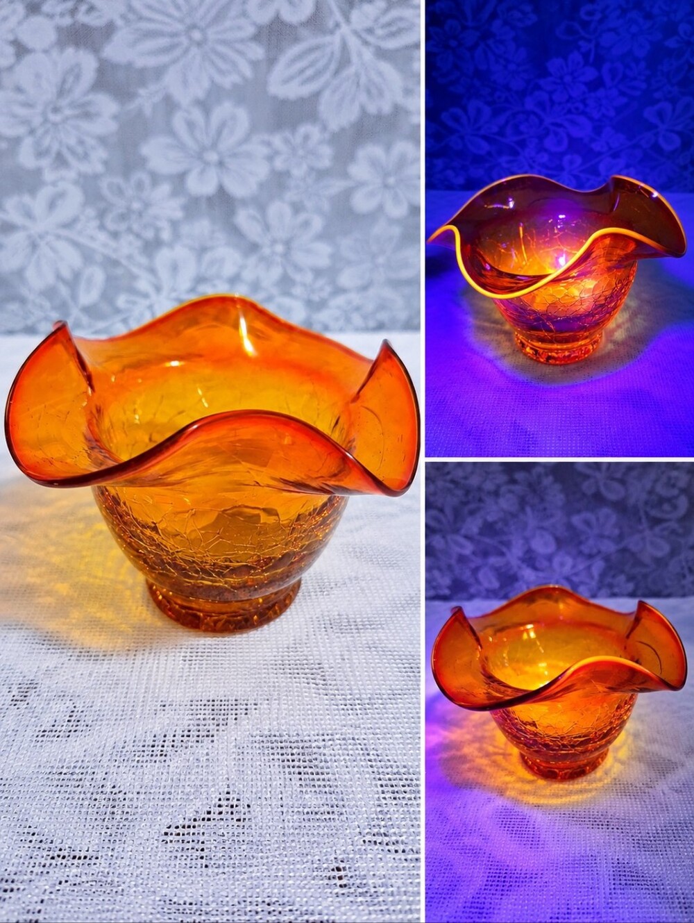 Vintage Amberina Crackle Glass Free-Form Finger Bowl UV Reactive